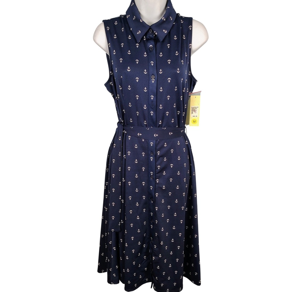 NWT Tacera Womens M Anchor Print Shirtdress Navy Blue Nautical Sailcore Midi